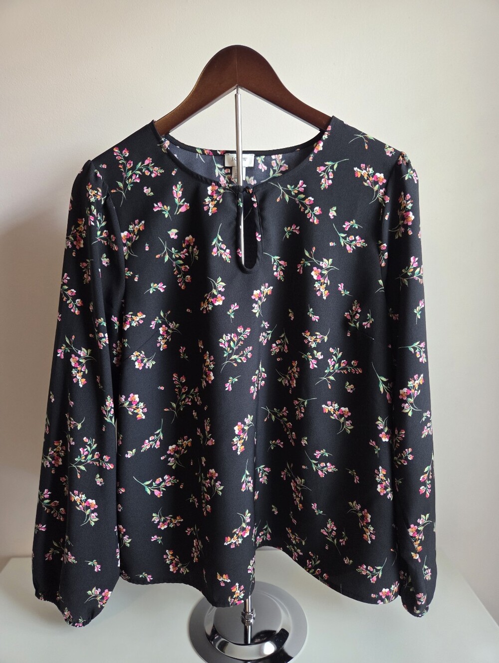 J. Crew Black Floral Keyhole Blouse with Pink and Green Accents
